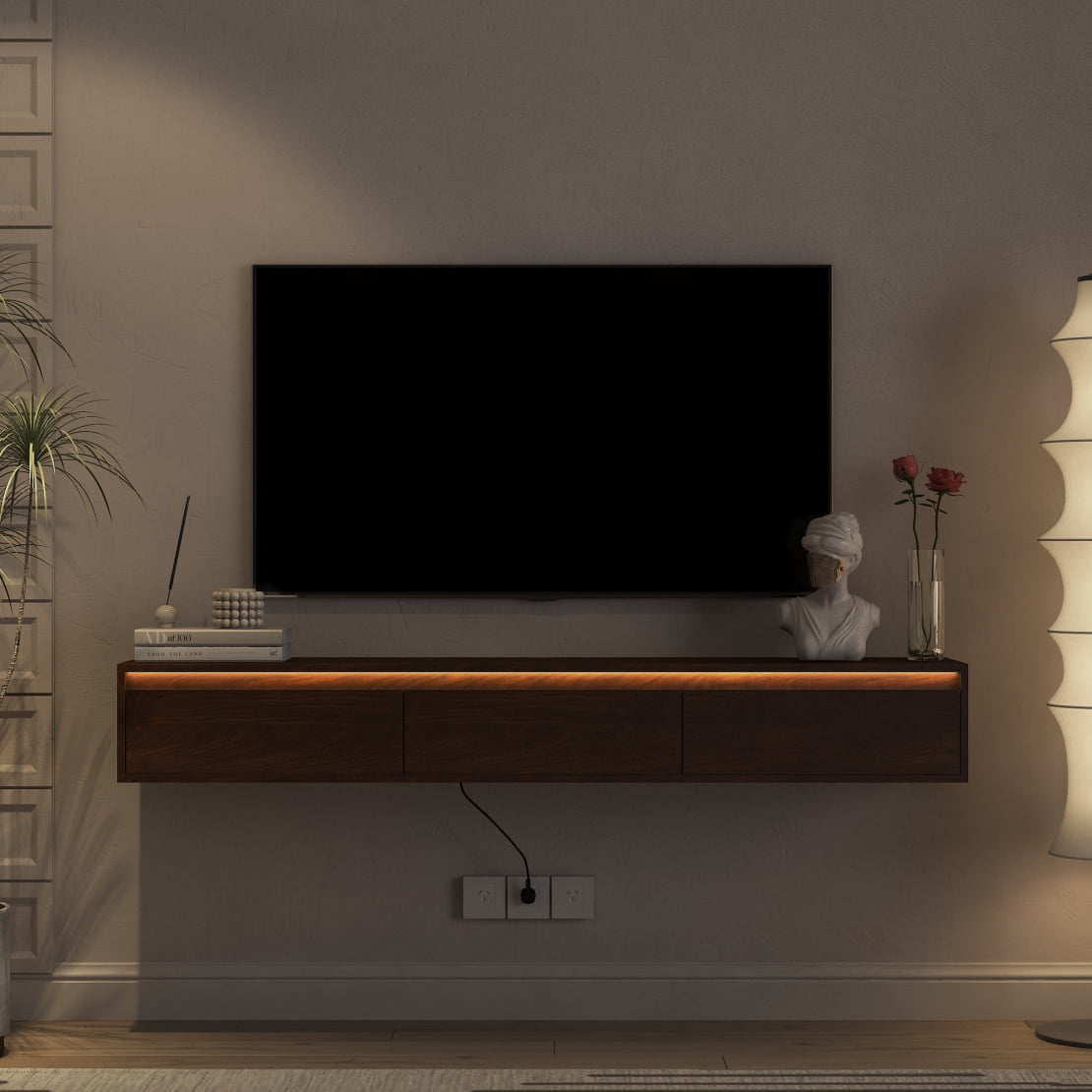 65" Floating TV Stand Wall Mounted Entertainment Center with LED Lights, Storage, and Power Outlet for 55-65 Inch TVs in Wood Finish