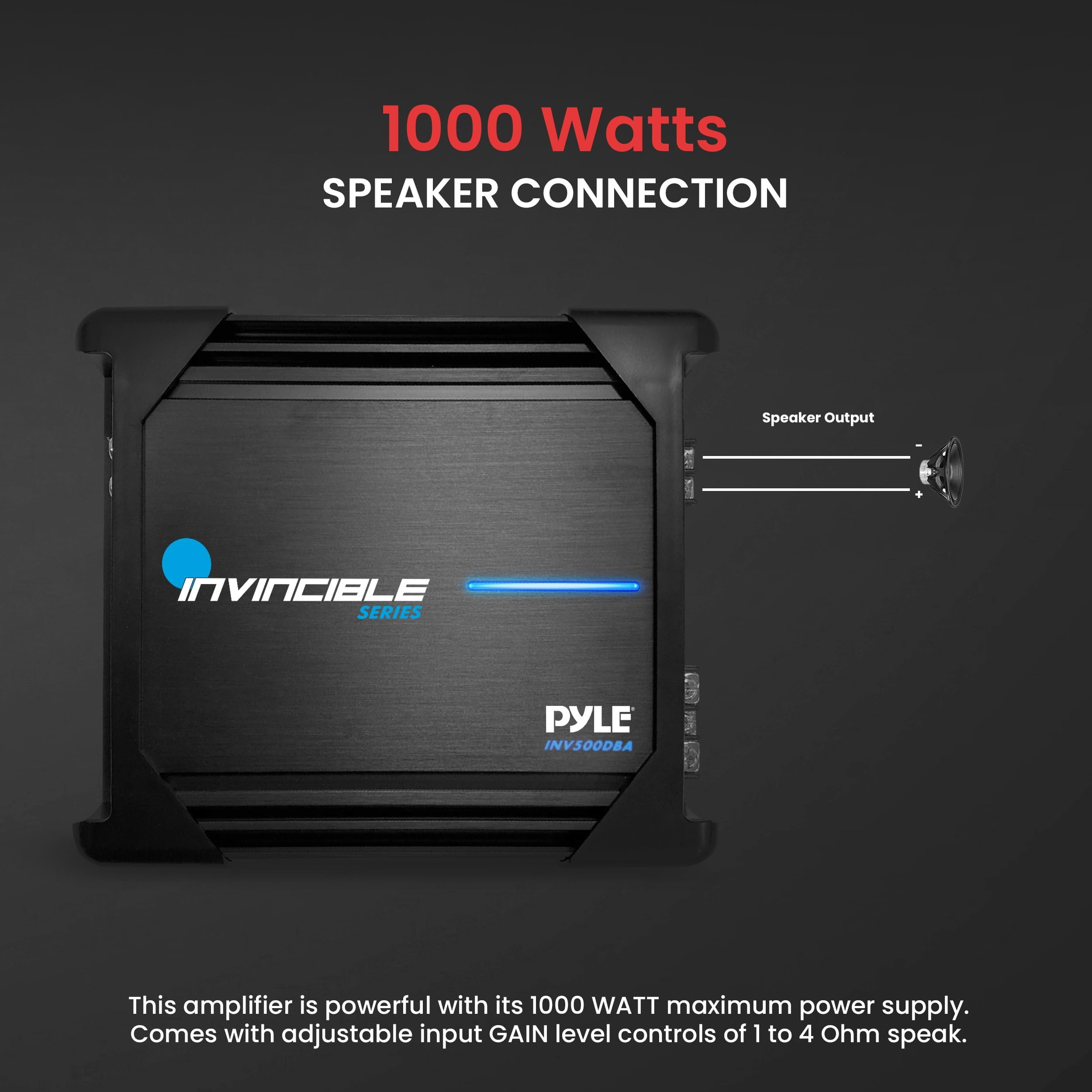 9” Pyle Class D Mosfet Amplifier - Invincible Series Monoblock Amp, 1 Channel 1000 Watts Max, Mosfet PWM Power Supply, High-Current Dual Discrete Drive Stages, Wireless BT Audio Interface