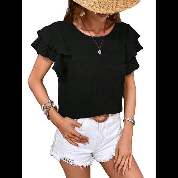 Camisas de Verano para Mujer, con Volantes, Corta, Cuello Redondo, con Textura, Elegantes Blusas de Negocios para Mujer, Elegantes e Informales Negro XXL