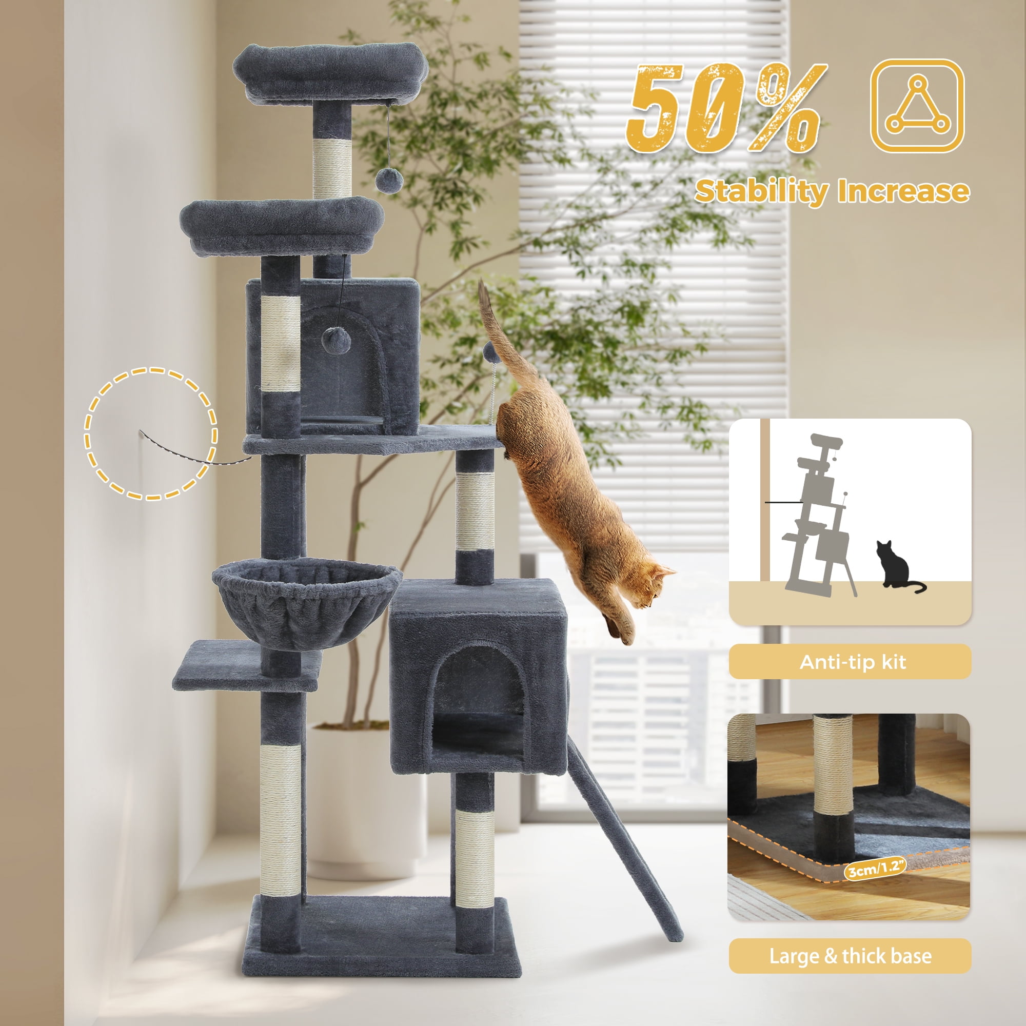 PAWZ Road 64" Cat Tree Large Cat Tower Condo Multi-Level Cat Scratching Post Tower for All Indoor Cats, Dark Gray