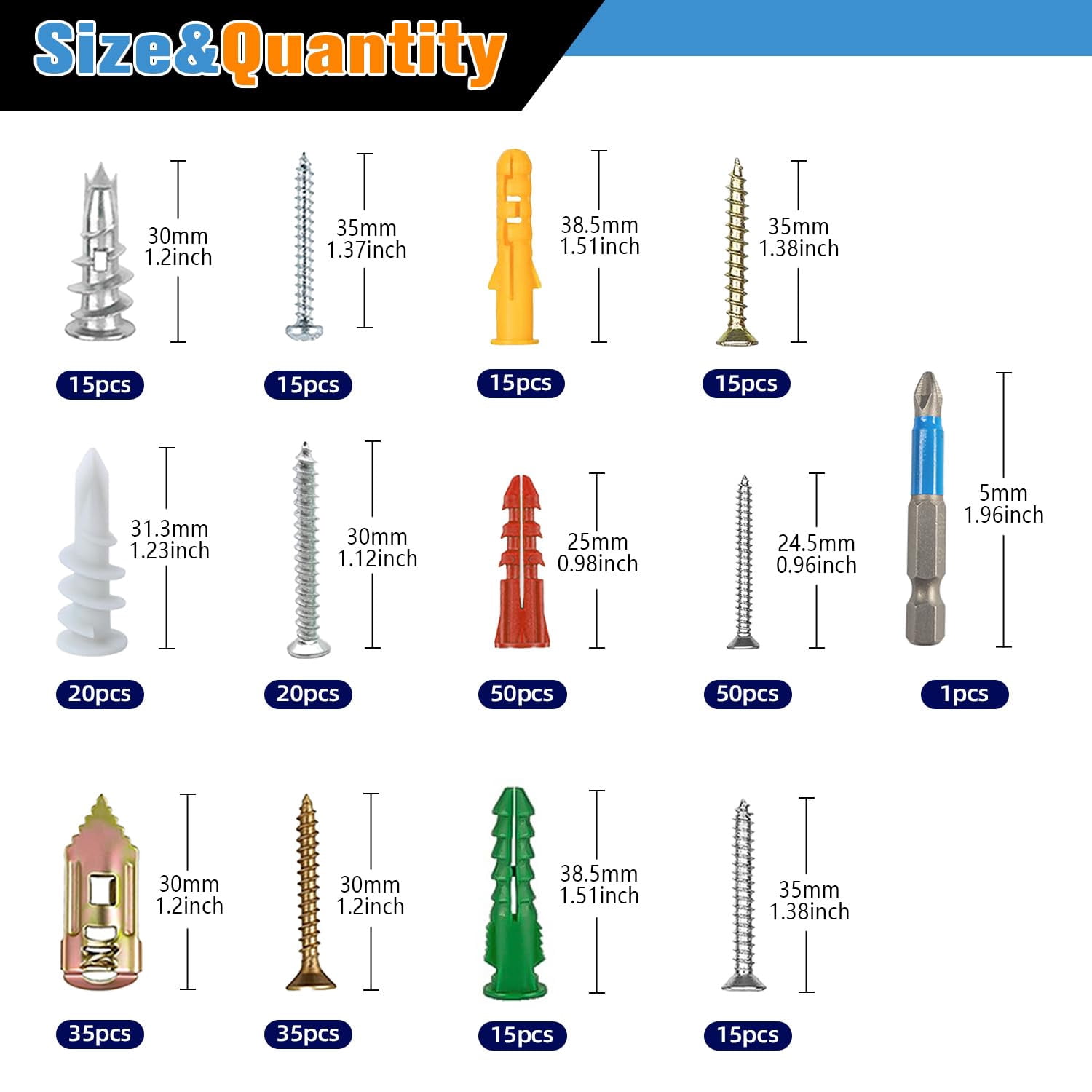 Drywall Anchors Assortment Kit, 400Pcs 6 Sizes Self Drilling and Plastifc Wall Anchors, Drywall Hanging Set for Pictures, Frames, Mirrors and Shelves, Bit Included
