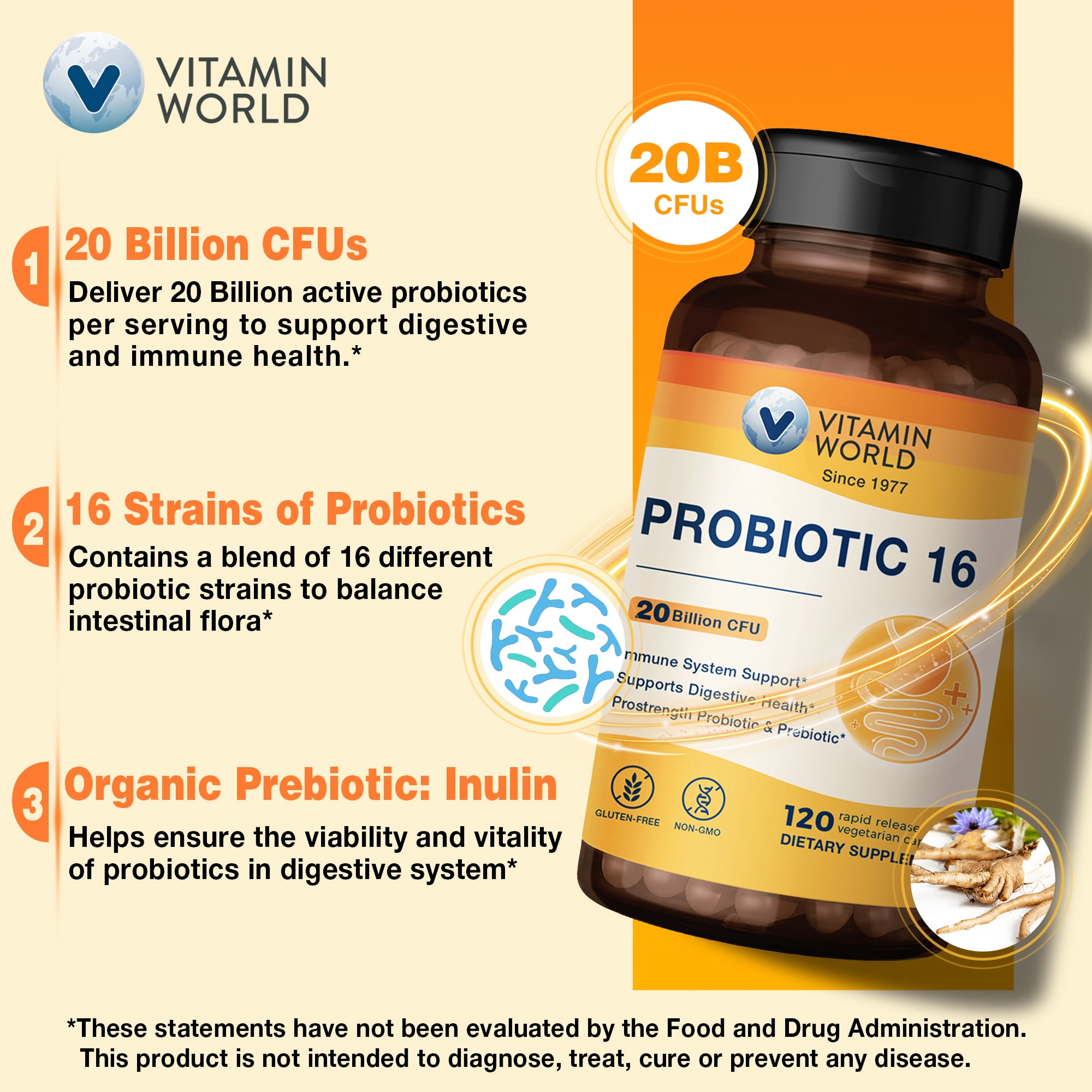 Vitamin World Probiotic 16, 20 Billion CFU, 16 Strains with Prebiotic Fiber for Digestive & Immune Health, Probiotics for Women & Men, Non-GMO, Gluten Free, 120 Veggie Capsules, 60 Day Supply