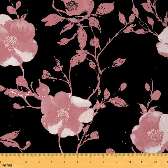 Homewish Rustic Flower Fabric by the Yard 1 Yard,Natural Plant Home Decor Fabric by the Yard,Pink Black Sewing Fabric For Girls Boys,Super Cozy Room Decor