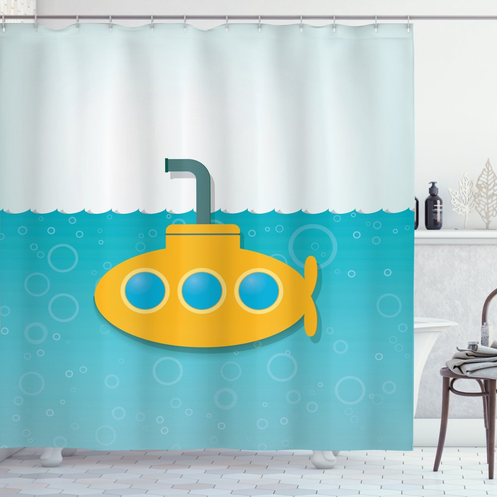 Yellow Submarine Decor Shower Curtain, Illustration of Submarine