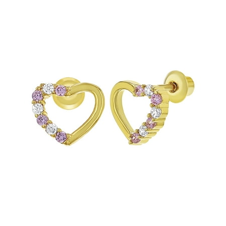 18k Gold Plated Crystal Open Heart Baby Children Screw Back Earrings