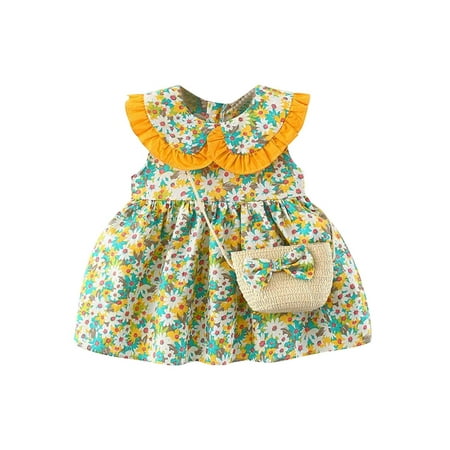 

ZCFZJW Baby Girls Party Summer Tutu Dresses Set Backless Bowknot Flower with Straw Hat Cute Lovely Cartoon Princess Party Sundress Holiday Beach Sundress Yellow 4 Years