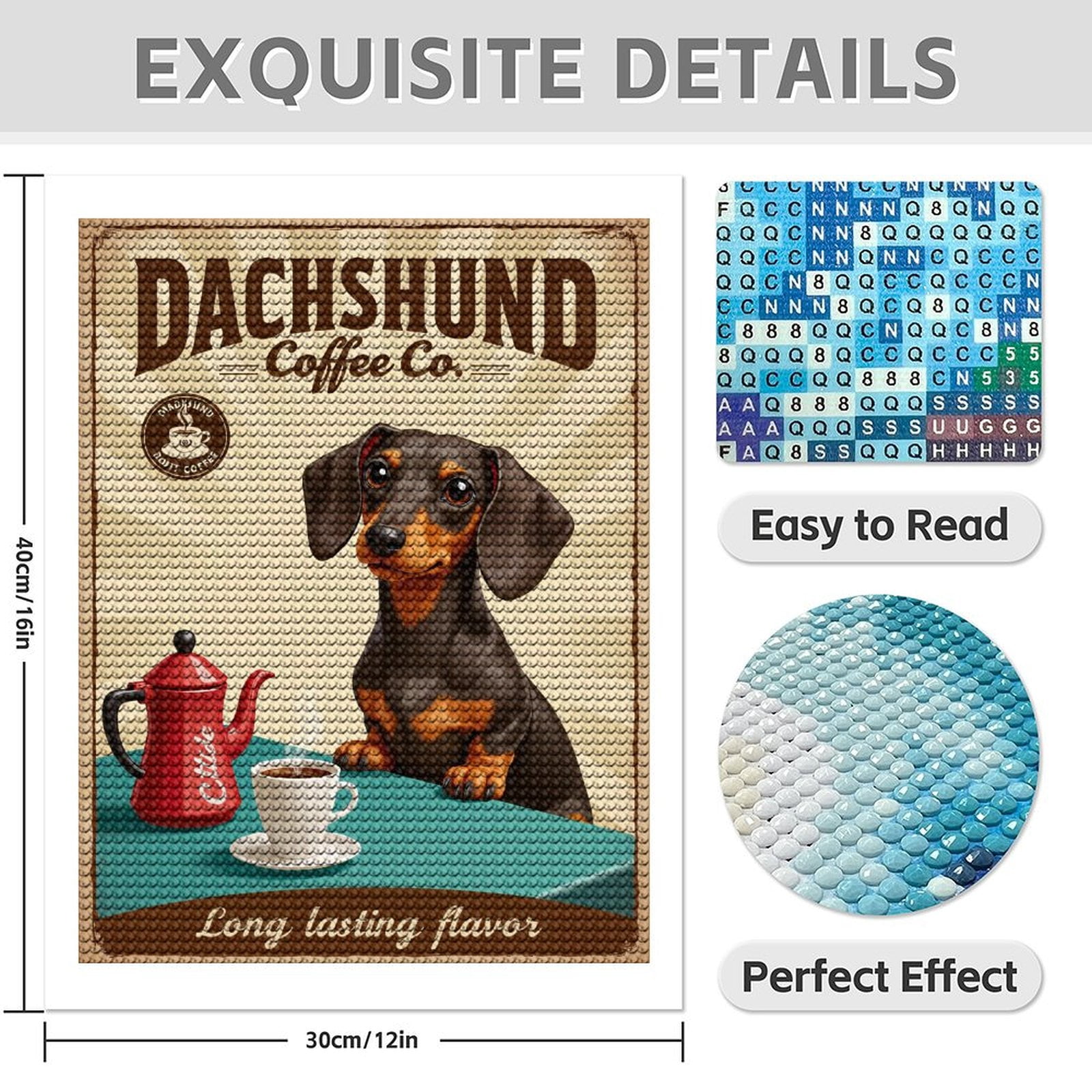 Diamond Art Kit for Adults, Dachshund Coffee Artwork Retro Style Diamond Painting for Adults Beginners, 5D DIY Diamond Art Painting Kits, Colorful Diamond Painting Craft for Home Decor 12x16