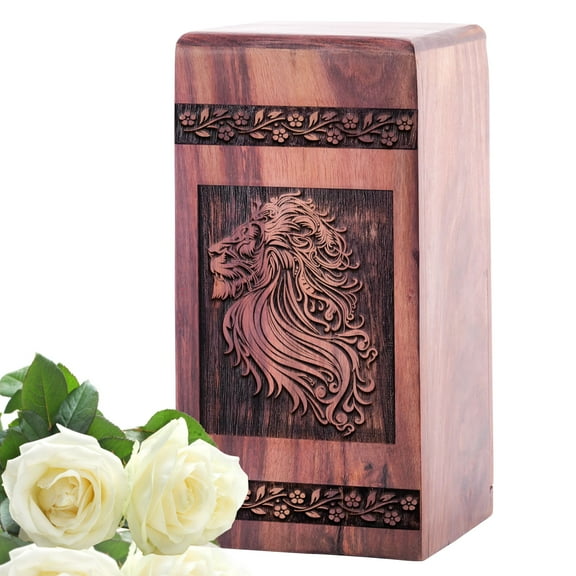 KARYLIZ Lion Wooden Box Urns Lasting Tribute Cremation Urn - Urns For Human Ashes Adult Female - Funeral Urns For Women - Cremation Urn For Ashes Large Urns