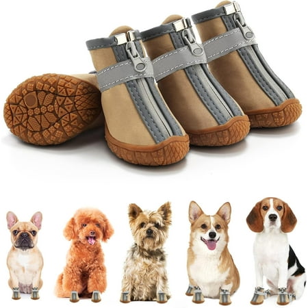 4Pcs Dog Shoes for Small Dogs  Waterproof Dog Boots Paw Protector for Hot Pavement Winter Snow  Dog Booties with Reflective Strips Rugged Anti-Slip Sole for Hardwood Floors Outdoor Walking