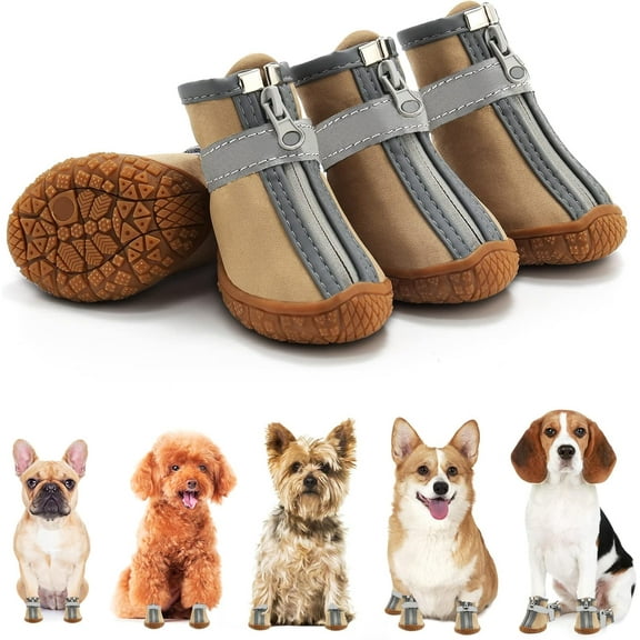 4Pcs Dog Shoes for Small Dogs, Waterproof Dog Boots Paw Protector for Hot Pavement Winter Snow, Dog Booties with Reflective Strips Rugged Anti-Slip Sole for Hardwood Floors Outdoor Walking