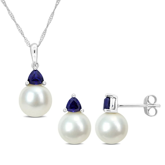Everly Women's Cultured Pearl Created Blue Sapphire 10kt White Gold Earrings & Pendant Set - 17 in