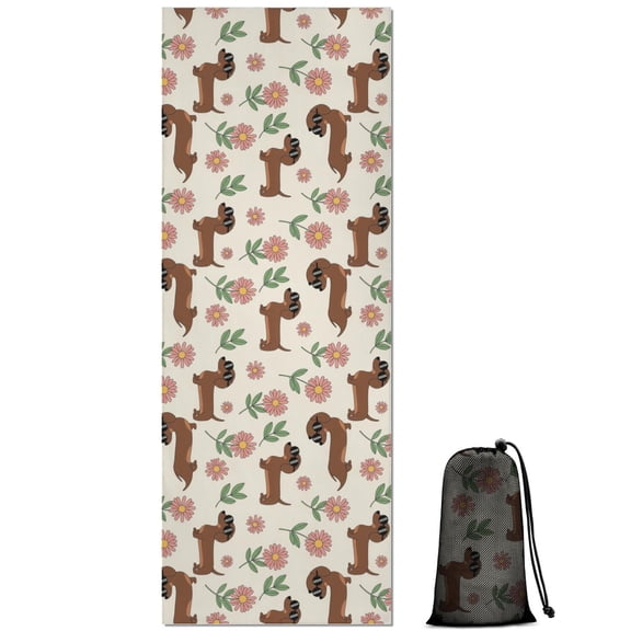 70x26 Inch Yoga Towel, Sweat Absorbent Non-Slip Mat for Hot Yoga, Pilates & Fitness,Dachshund Sunglasses Floral Beige Pattern