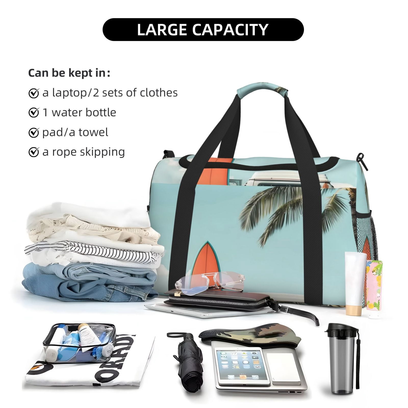 Fuzoiu Vintage Surf Van Beach Print Travel Duffle Bag,Carry On Tote Bags,Duffel Bag,Sport Gym Bag, Hospital Bag for Labor and Delivery, Overnight Bag,Luggage Bag
