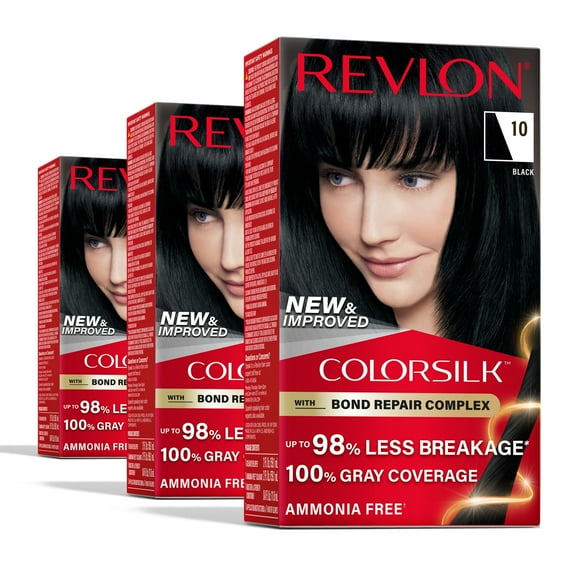 Revlon ColorSilk Permanent Hair Color, Bond Repair Complex, 10 Black, 3 pack