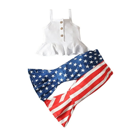 

Summer Savings Clearance 2023! Loopsun Girls Suit Square Neck Sleeveless 4th of July Printing Fashion Cute Sweet Tank and Flared Pants Set White