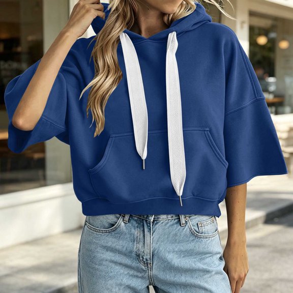 LEKWK Cropped Hoodie Women Drop Shoulder Short Sleeve Sweatshirt Drawstring Loose Fit Pullover Tops with Pocket Fall Casual Activewear Blue XXL