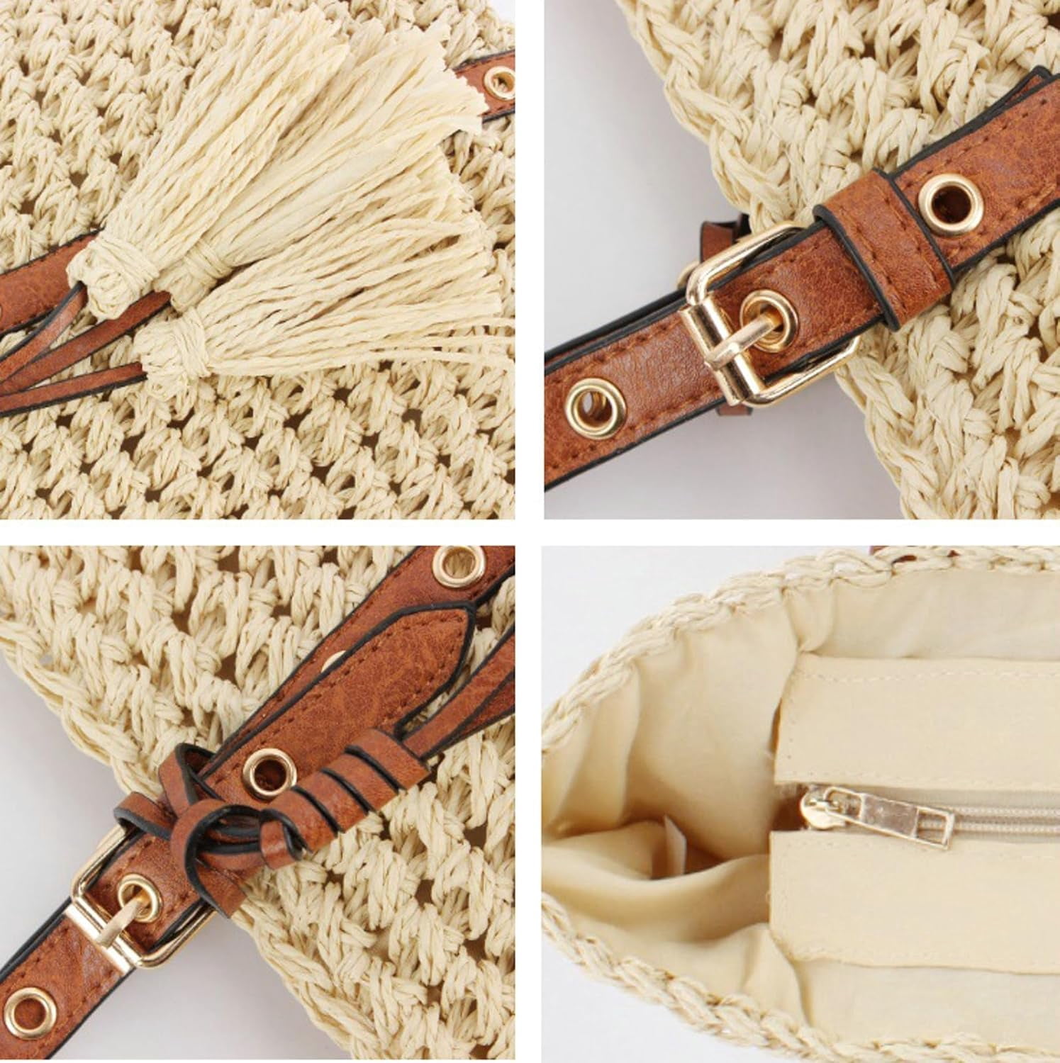 2026 Summer Straw Tassel Crochet Shoulder Bag Women Adjustable Strap Zip Casual Tote