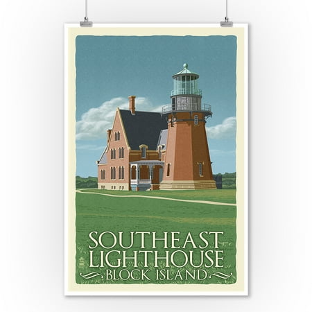 - Block Island, Rhode Island - South East Lighthouse - Letterpress - Lantern Press Artwork (9x12 Art Print, Wall Decor Travel Poster)