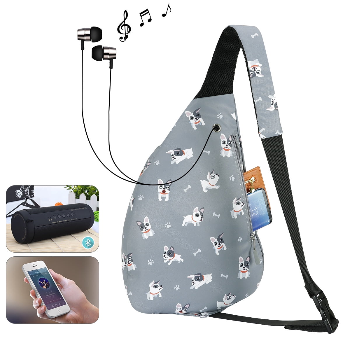 HAWEE Sling Backpack Hiking Backpack Chest Sling Bag Sports Travel Crossbody Daypack for Women, Grey + White Dog