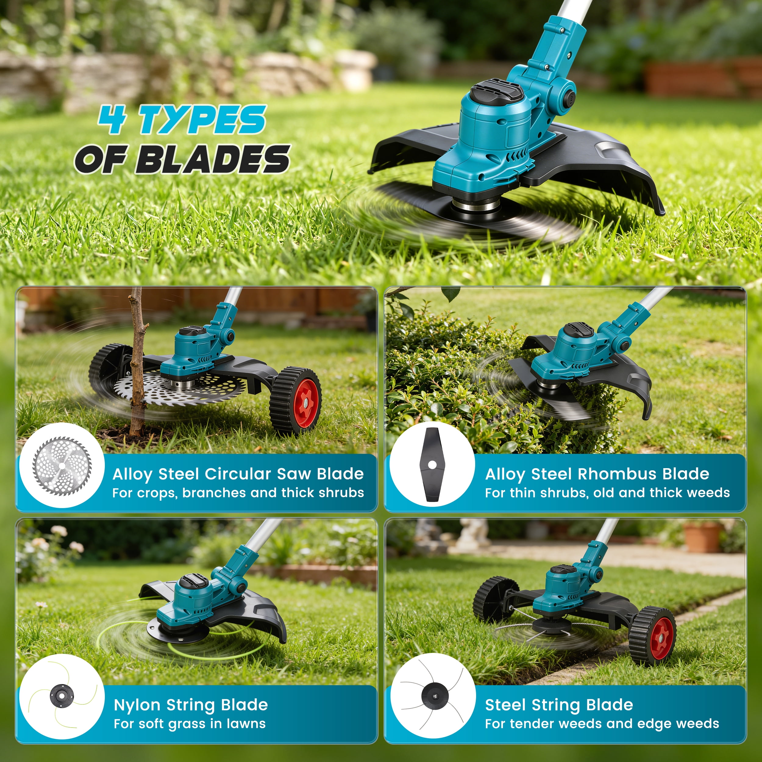 RELOIVE Brushless Weed Eater Cordless with Wheels, 950W 21000RPM Weed Wacker with 2 x 4.0Ah Batteries, 4-in-1 Foldable Electric String Trimmer & Edger for Lawn, Garden, Brush Cutting