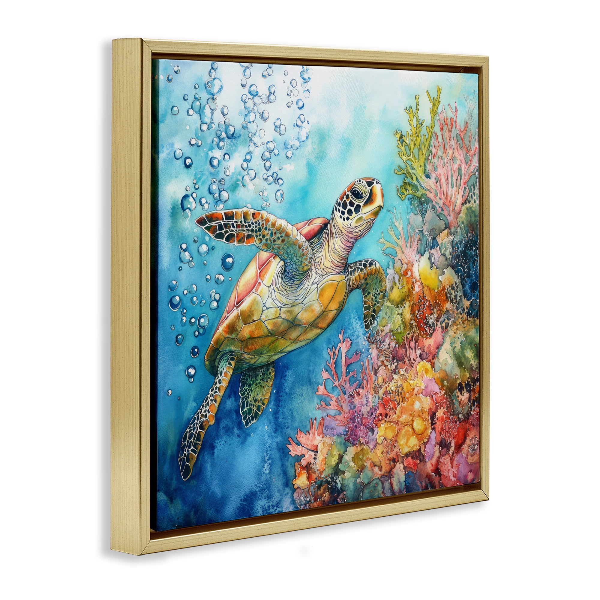 Stupell Industries Underwater Sea Turtle Bubbles Gold Framed Floater Canvas Wall Art, design by Tina LeCour