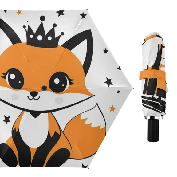 Cute Fox with Crown Stars All Weather Umbrella Triple Folding Parasol 6 Ribs UV Protection Portable