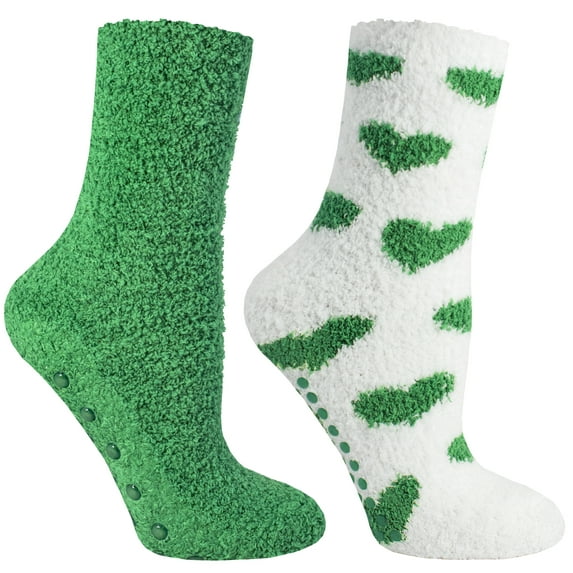 2 Pair Pack of Women's Kissables Lavender Infused Chenille Fluffy Socks - Glamorous Green & Glamorous Green Hearts