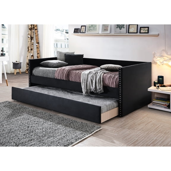Black Finish Daybed With Nailhead Trim And Pull-out Trundle For Bedroom Chic Contemporary In Exquisite Design