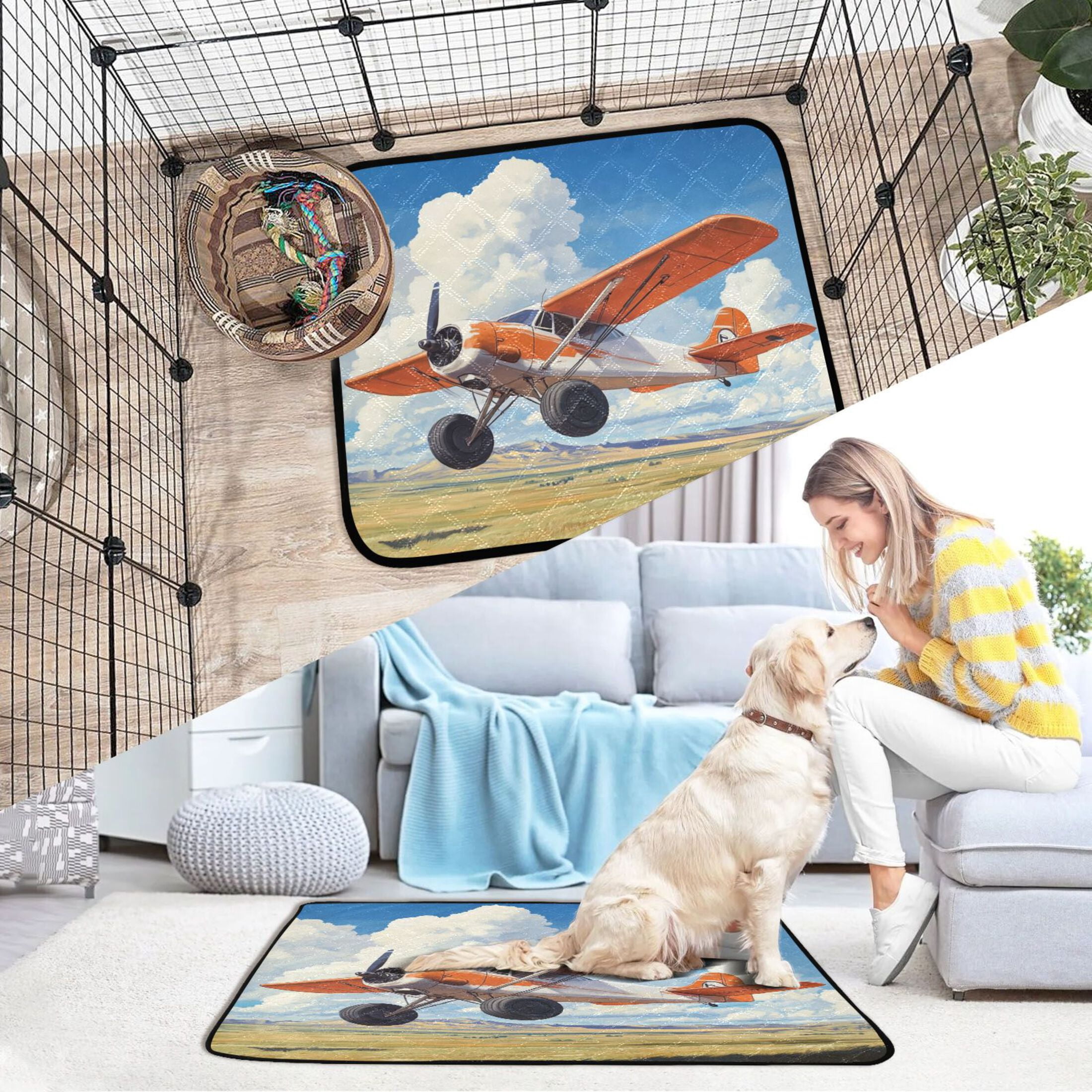 Qxltty Orange Airplane Cat litter Pads Pet Set of 3 Diaper Mats Center Anti-leakage Layer Absorbent Soft and Comfortable