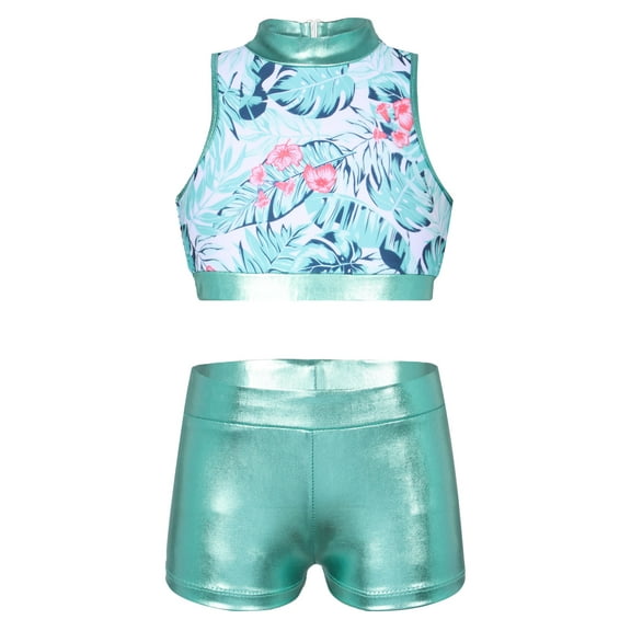 iiniim Kids Girls Shiny Sequins Hip-hop Jazz Dance Crop Top with Bottoms Set Tropical Palm Leaves 12