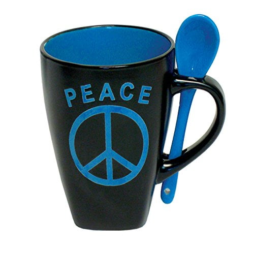 Rockin Gear Mug Coffee Cup with Spoon 12 Oz Peace Sign Ceramic Novelty Coffee Mug (Blue)