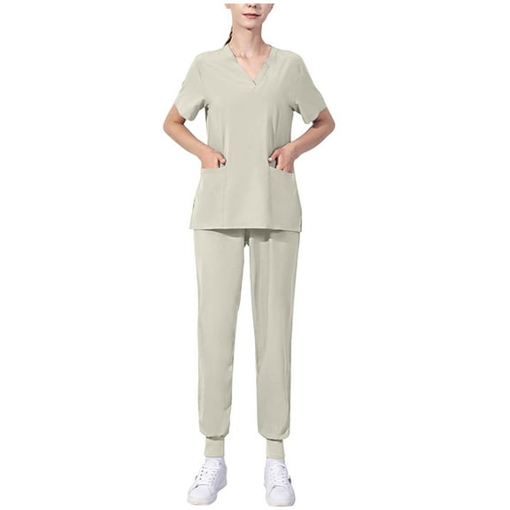 Xfvqtps Scrub Set for Women Solid Color V-Neck Stretch Scrub Top and Elastic Waist Jogger Scrub Pants Short Sleeve Protective Suit Set Working Uniforms with Pockets Beige