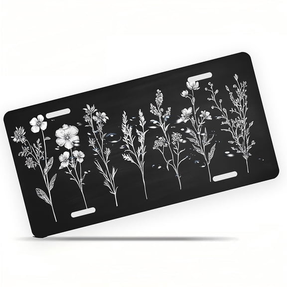 White Floral Sketch on Black Front License Plate, Metal License Plate, Funny Standard Plates Personalized Novelty Decorative For Men/Women/Boys/Girls Car 6×41 Inch