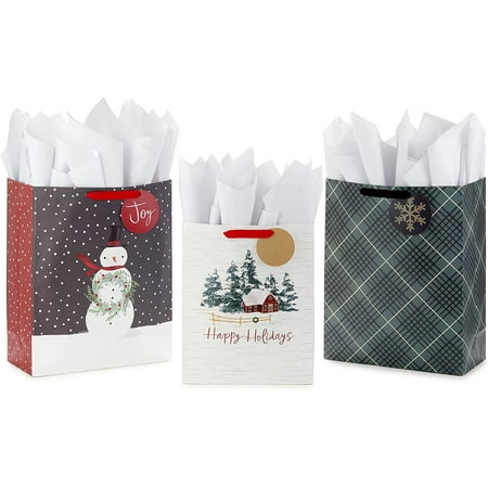 Holiday Gift Bag Bundle with Tissue Paper and Gift Tags (3 Bags: 2 Extra Large 15", 1 Large 13") Gray Plaid, Snowy Farmhouse, Rustic Snowman