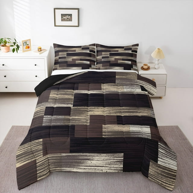 Erosebridal Brown Black Checkered Bedding Sets King,Patchwork Geometric Geometry Duvet Insert,Modern Abstract Art Comforter Sets King Size,Lightweight Bedroom Decorative Reversible,3pcs