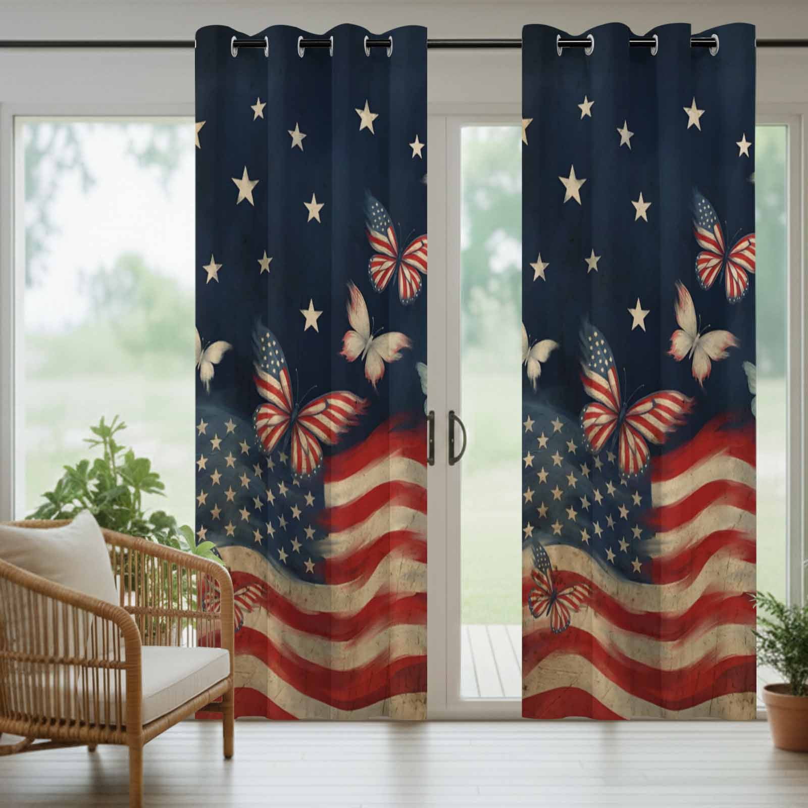 4th of July Outdoor Curtains for Patio, Independence Day Patriotic Butterfly American Flag Sunshade Privacy Drapes Grommet Waterproof Outside Curtains for Porch/Cabana/Balcony 54"x 108", 1 Panel