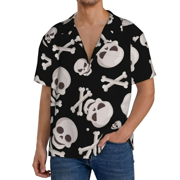 Fotbe black white Skull bone Camisa Estampada de Manga Corta para Hombre, Casual de Verano, Estilo Playero, Sin Arrugas-Small