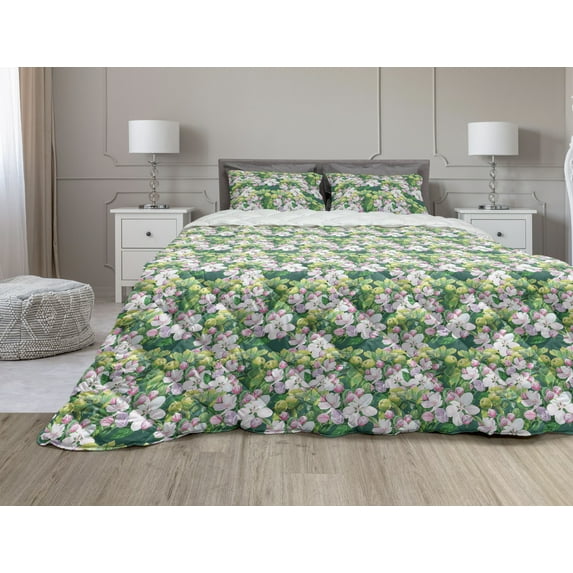 Botanical Comforter & Sham Bedding Set, Summer Revival Flourishing Lily Petal Buds Beauty Damask Leaves Pattern, 3 pcs Duvet Set Microfiber Filling Quilt, 5 Sizes, Lilac Green and Pink, by Ambesonne
