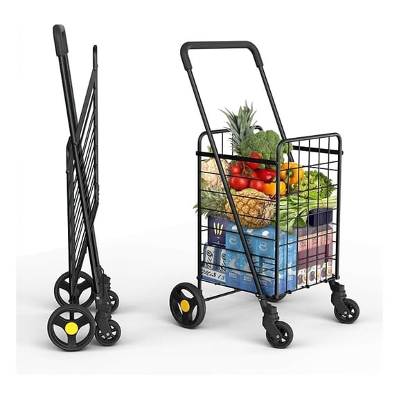 Shopping Cart & Large 360° Swivel Wheels | Foldable Collapsible & Lightweight | Perfect for Groceries Laundry Utility Cart - Black