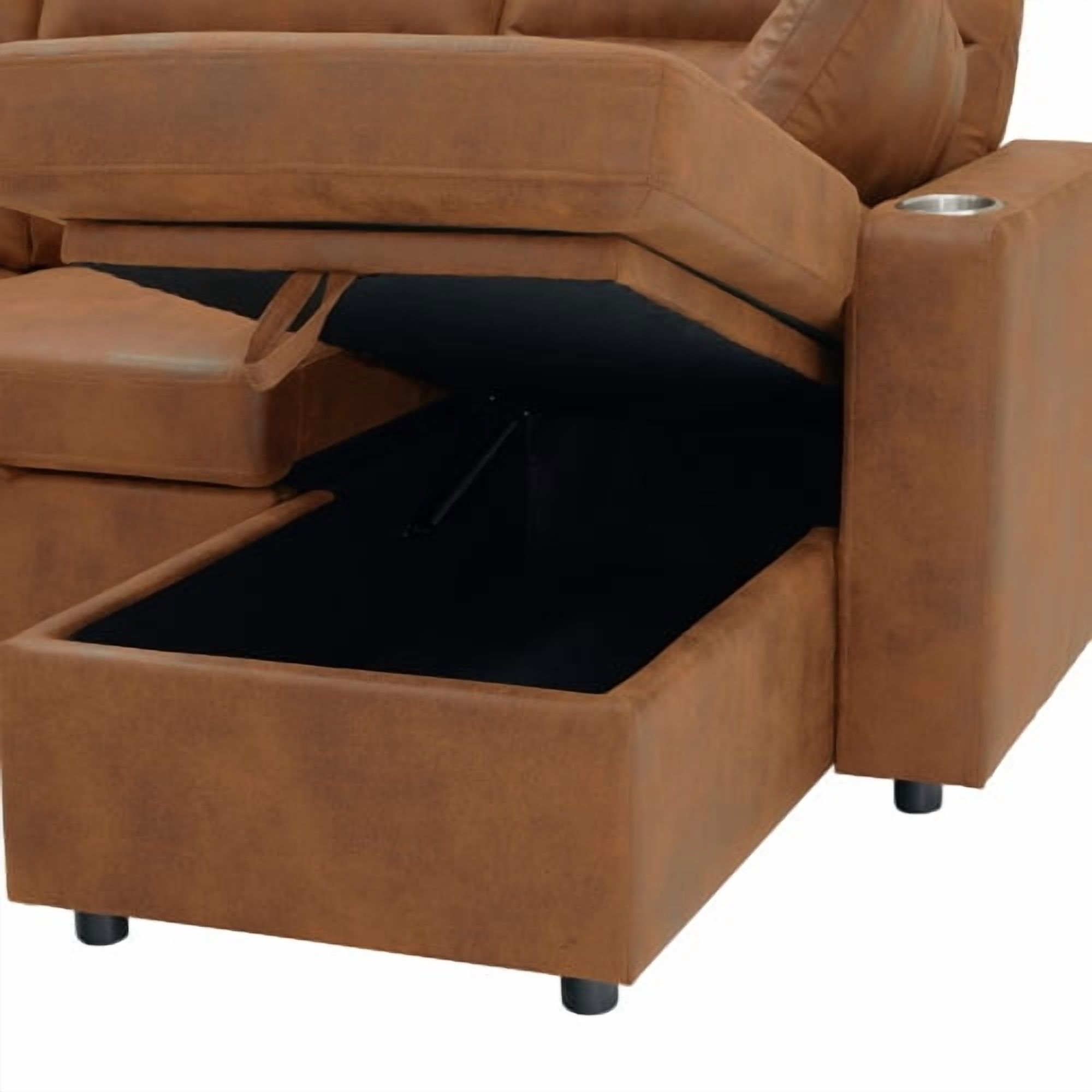82.5" Convertible L-Shaped Pull-Out Sectional Sofa Bed with Storage Chaise, Cup Holders, and 2 Pillows, Modern Foil Fabric Sleeper Sofa for Living Room, Apartment, Light Brown