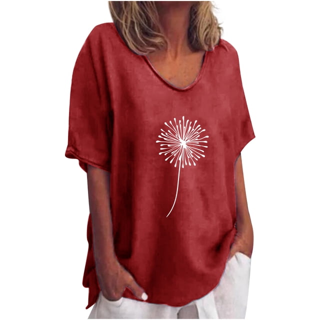 Blusa informal para mujer, cuello redondo, estampado floral, manga corta, camiseta suelta, tops para mujer Pompotops hfajkhk138647