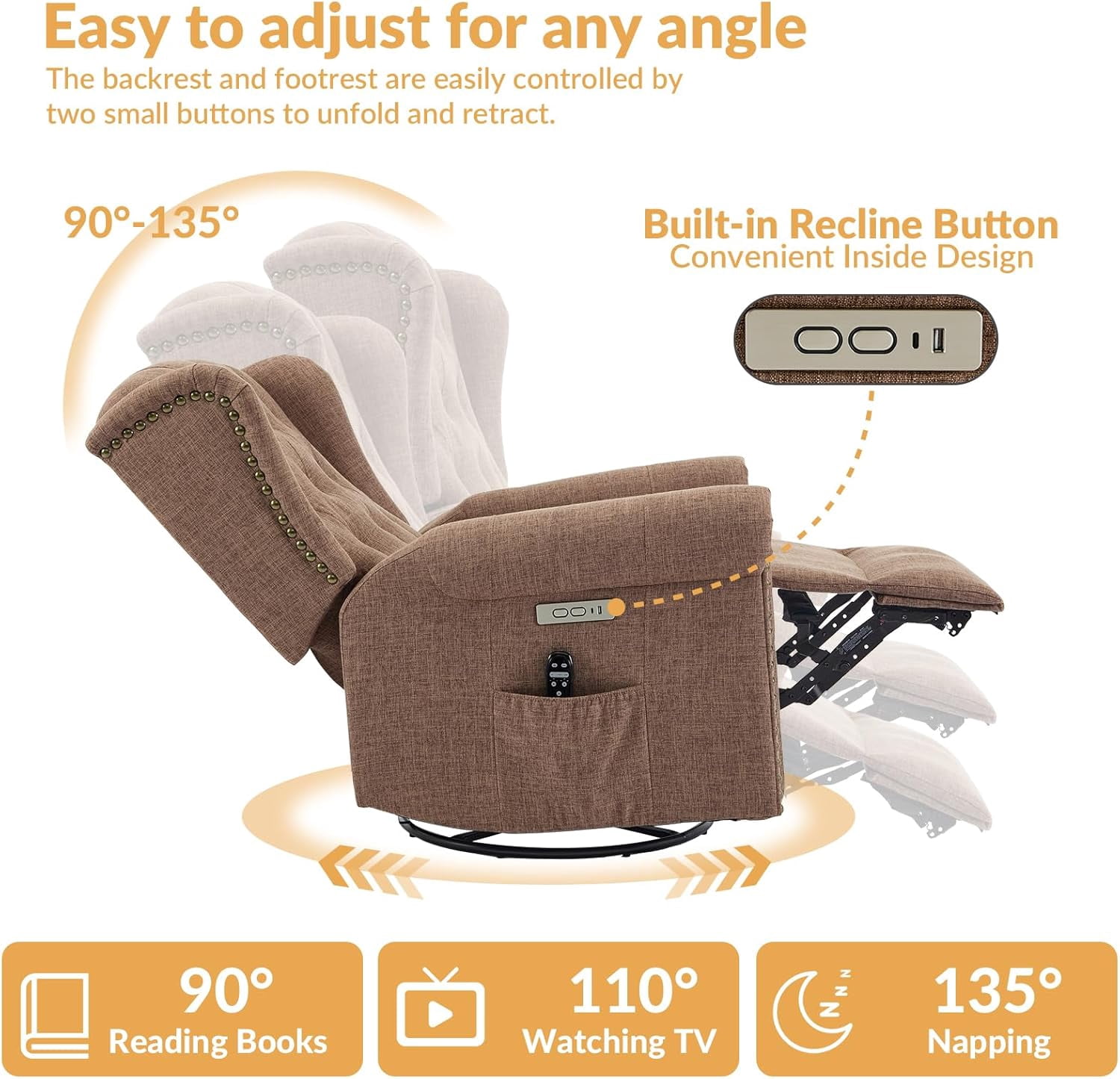 Power Swivel Rocking Glider Recliner Chair, Electric Nursery Reclining Sofa Chair with Heat and Massage, Wingback Tufted Upholstered Recliner for Living Room, USB and Type-C Ports, Brown