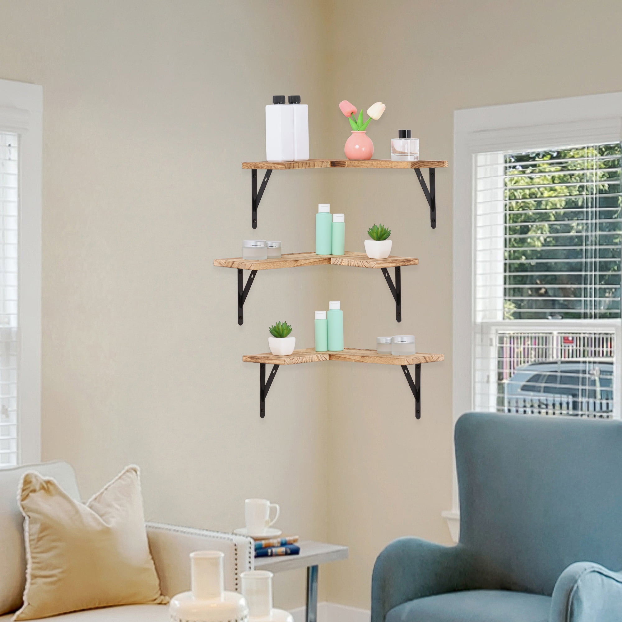 Unique Bargains Wood Floating Shelves Set of 3 Wall Mounted Shelves Light Brown 15.7"