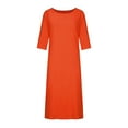 thumbnail image 4 of Cotton Linen Dress for Women Plus Size 3/4 Sleeve Round Neck Loose Fitting Solid Shift Midi Dresses, 4 of 4