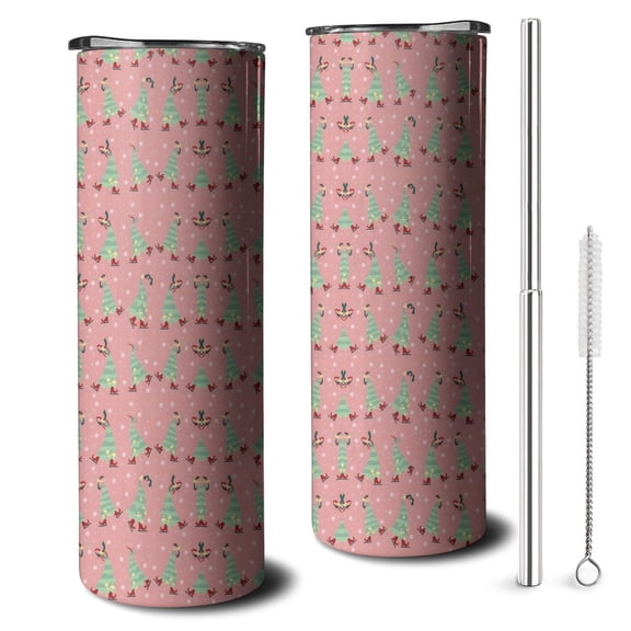 20oz Pink Christmas Tree Pattern Skinny Tumblers Stainless Steel Tumbler with Lid and Straw,Vacuum Insulated Double Wall Travel Tumbler Cups with Cleaning Brush for Coffee,Tea