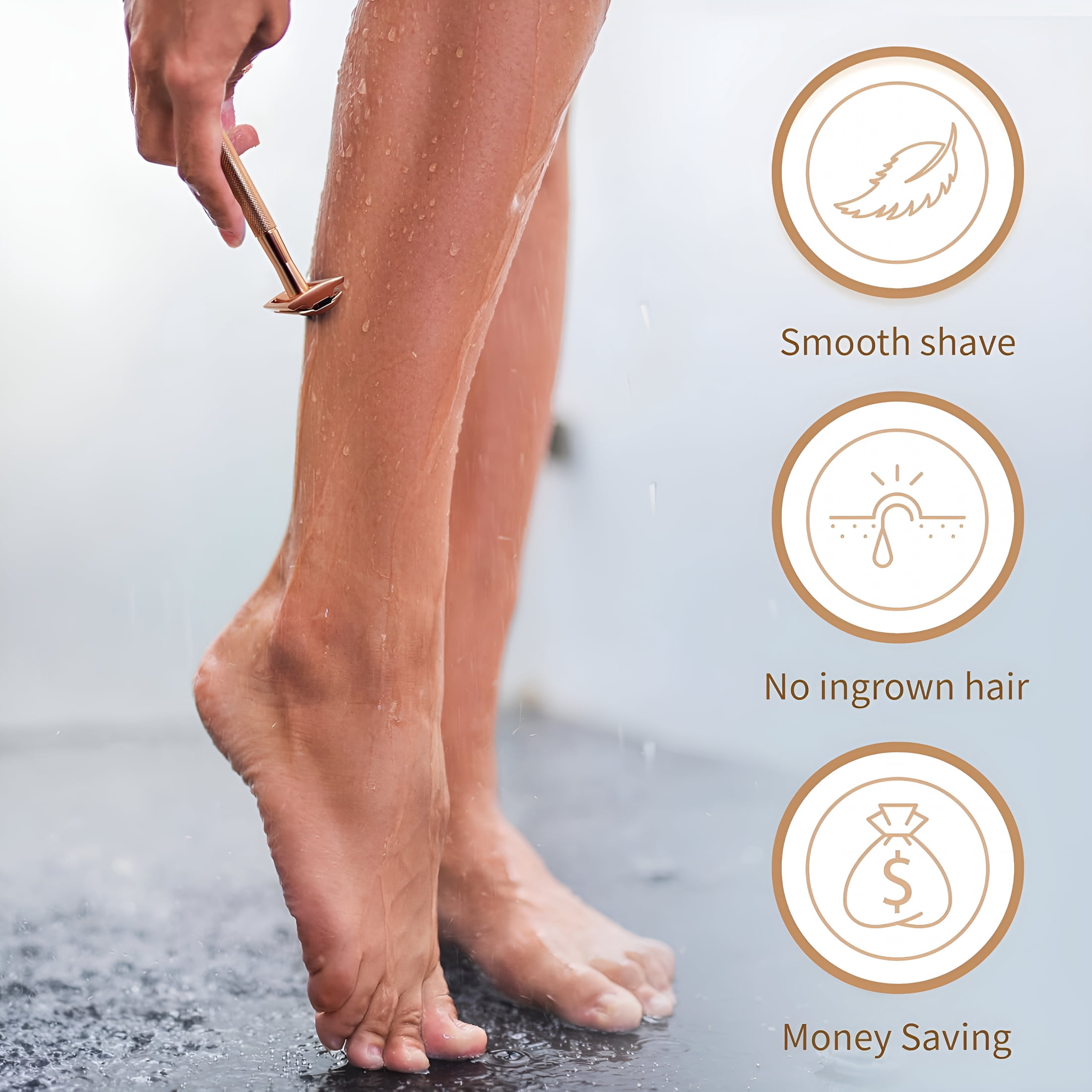 EXLEAF Safety Razor for Women with 5 Double Edge Blades – Double Edge Razor – Single Blade Razors for Women and Men – Reusable Plastic – Rose Gold
