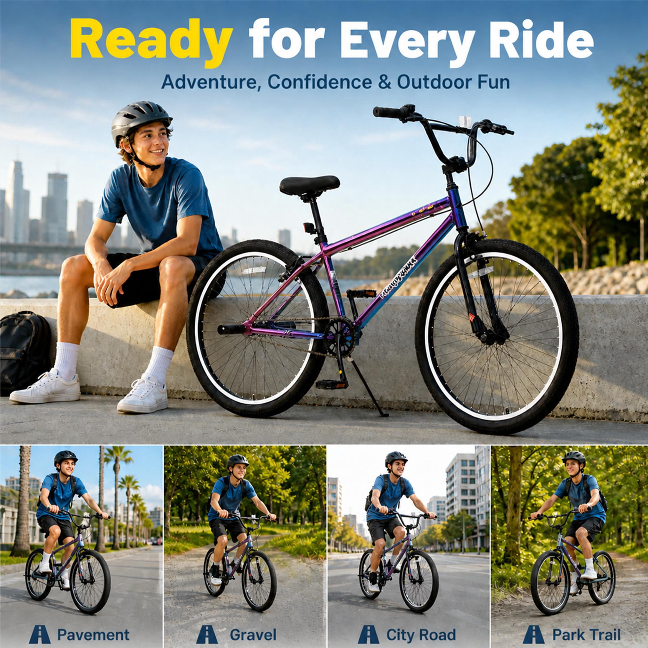 26 Inch Freestyle Bike for Teens and Adults, Single-Speed Mountain Bike with Carbon Steel Frame and 2 BMX Pegs, Front Caliper and Rear V Brakes, Colorful Outdoor Bicycle for Riders 5'4"-6'2"