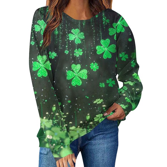 Womens St Patricks Day Sweatshirt, Four-Leaf Clover Print Long Sleeve, Raglan Sleeve Crewneck Pullover, Casual Irish Holiday Top for Daily Wear, Spring Party Vacation Gift Idea