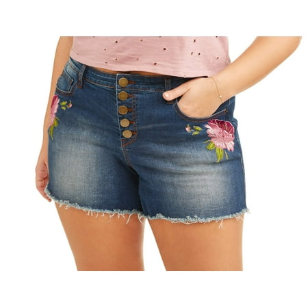 DH by Dollhouse Junior's Plus Exposed Button Embroidered Fray Hem Short