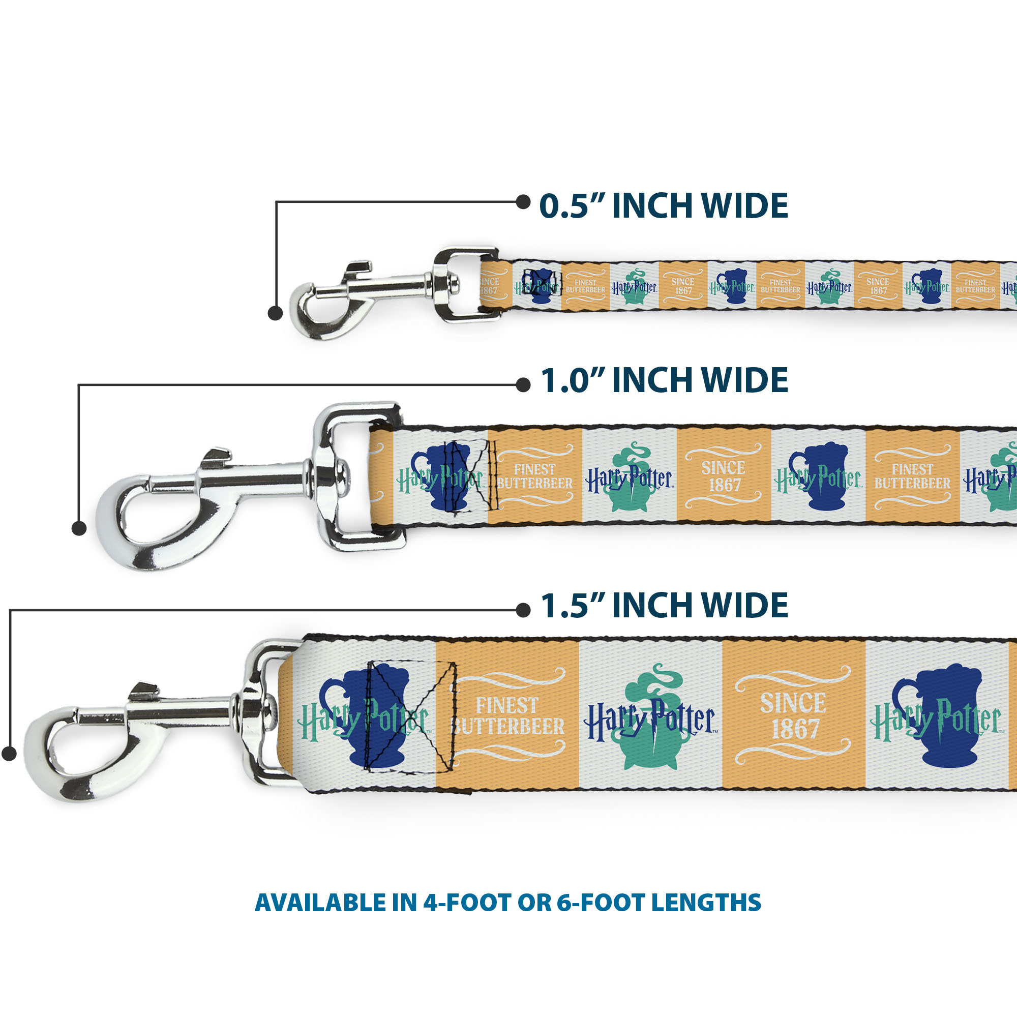 The Wizarding World of Harry Potter Pet Leash, Dog Leash, Harry Potter Finest Butterbeer Since 1867 Icons White Blues, 6 Feet Long 1.0 Inch Wide
